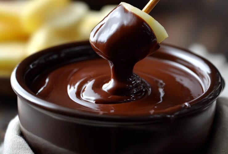 Close-up of an apple slice being dipped into a pot of smooth, melted chocolate fondue.