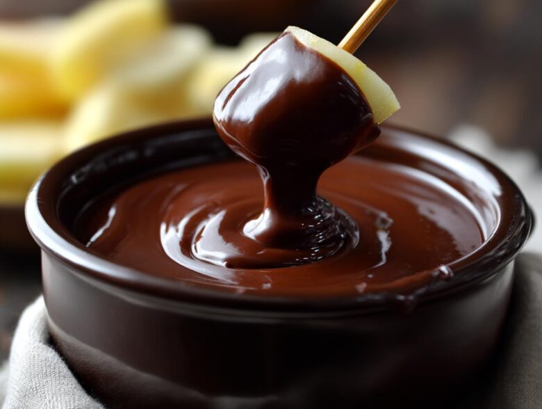 Close-up of an apple slice being dipped into a pot of smooth, melted chocolate fondue.