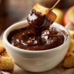 A piece of cake being dipped into a white bowl of smooth, rich chocolate fondue.
