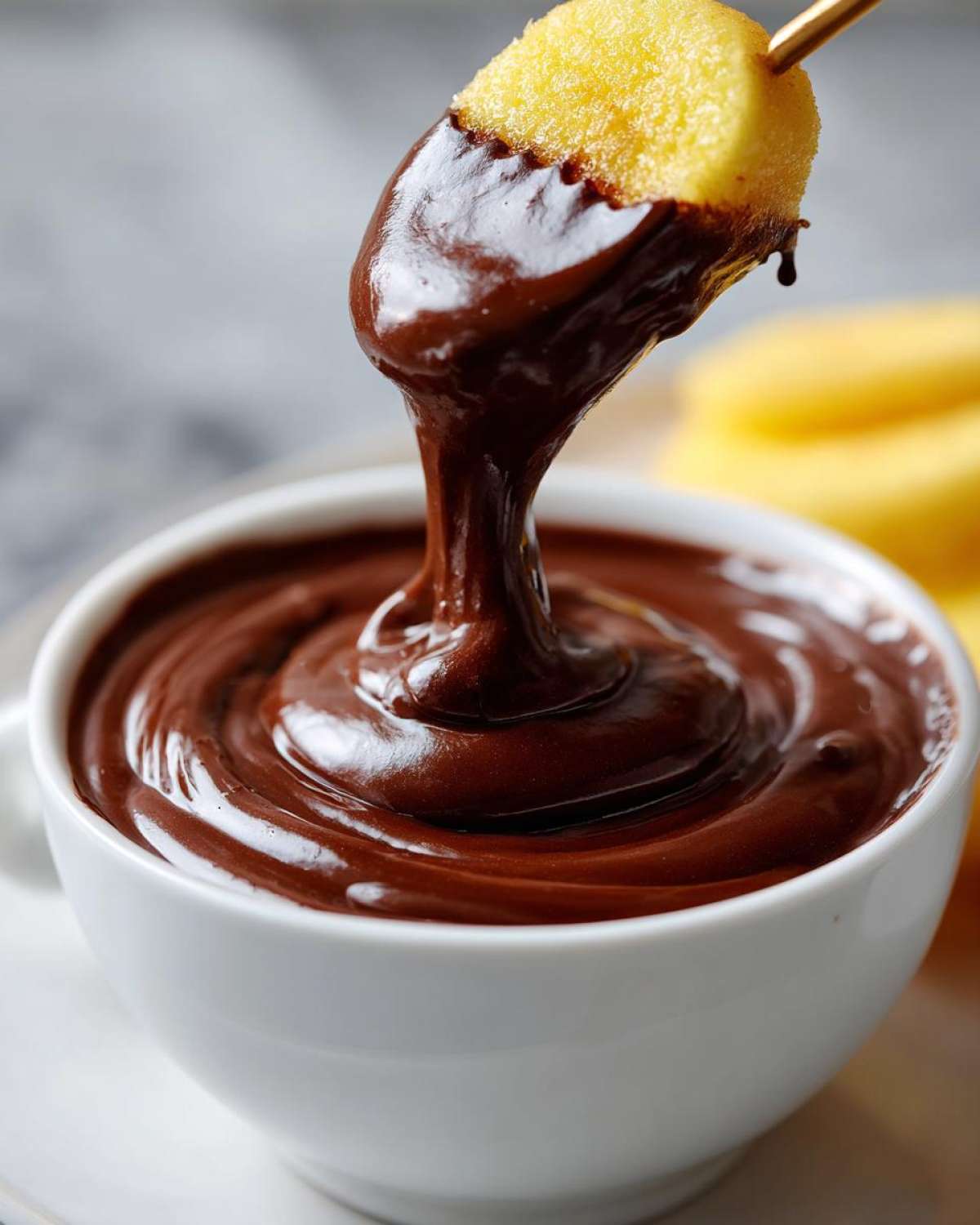 A piece of cake being dipped into a white bowl filled with smooth, glossy chocolate fondue.