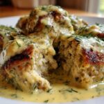 Close-up of Easy Creamy Greek Chicken Meatballs smothered in a creamy dill sauce, one meatball is cut open.