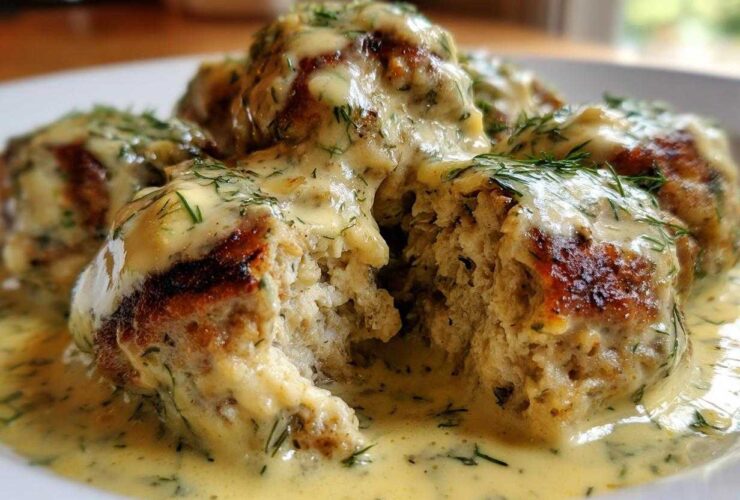 Close-up of Easy Creamy Greek Chicken Meatballs smothered in a creamy dill sauce, one meatball is cut open.