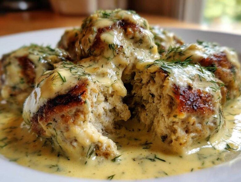 Close-up of Easy Creamy Greek Chicken Meatballs smothered in a creamy dill sauce, one meatball is cut open.