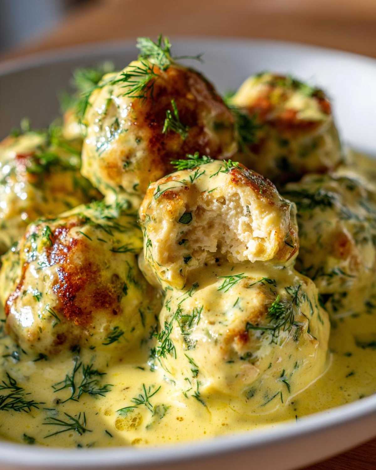 Close-up of Easy Creamy Greek Chicken Meatballs smothered in a rich, yellow dill sauce, with one meatball bitten into.