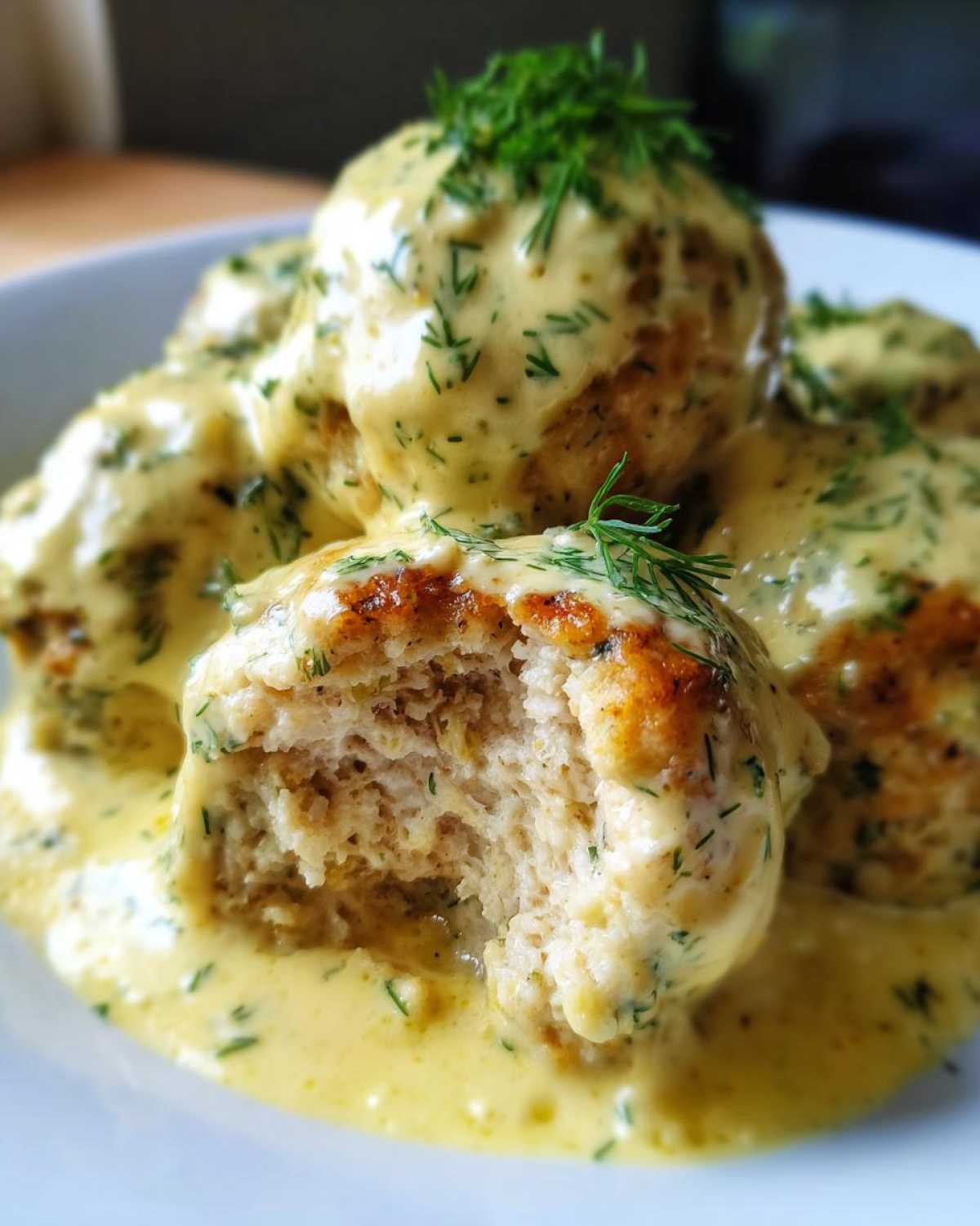 Close-up of Easy Creamy Greek Chicken Meatballs smothered in a yellow dill sauce, showing the texture of one meatball broken open.