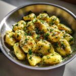 Close-up of Easy One-Pan Creamy Garlic Butter Gnocchi tossed in sauce and topped with fresh parsley.
