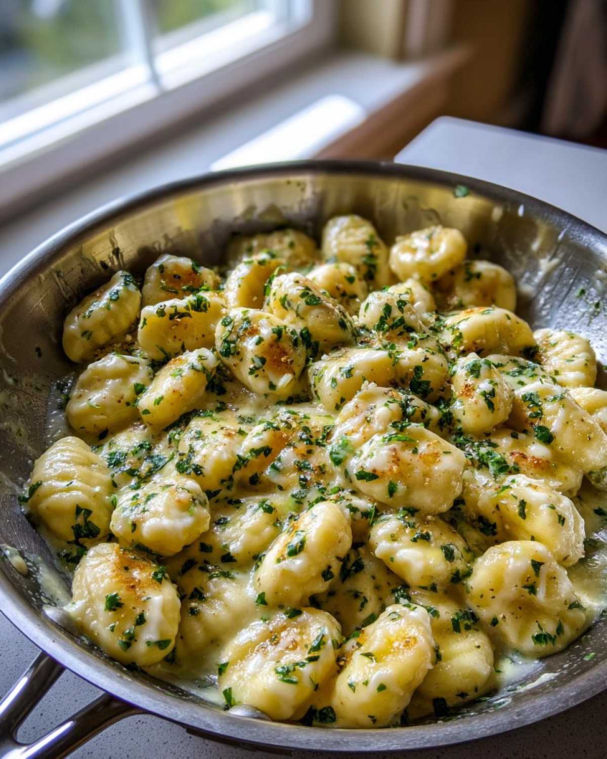 Close-up of Easy One-Pan Creamy Garlic Butter Gnocchi coated in a rich sauce and topped with fresh parsley.