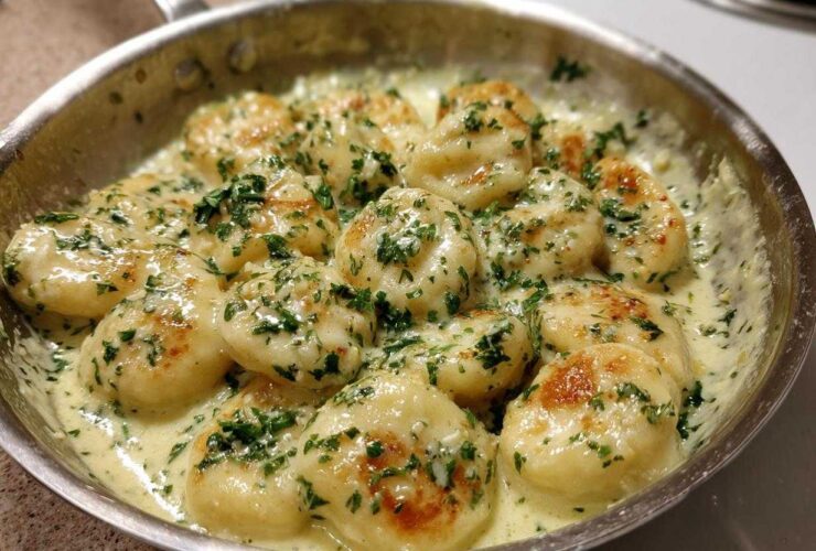Close-up of Easy One-Pan Creamy Garlic Butter Gnocchi simmering in a stainless steel skillet, topped with fresh parsley.