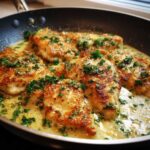 Golden brown chicken cutlets simmering in a creamy garlic lemon sauce, topped with fresh parsley.