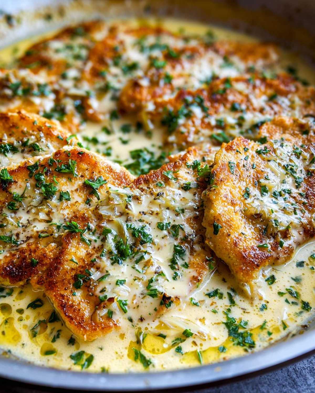 Close-up of golden brown chicken cutlets simmering in a creamy garlic lemon sauce, topped with fresh parsley.