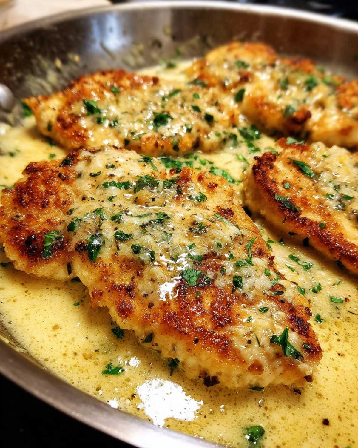 Close-up of golden-brown Easy One-Pan Creamy Garlic Lemon Chicken Cutlets simmering in a rich, creamy lemon garlic sauce.