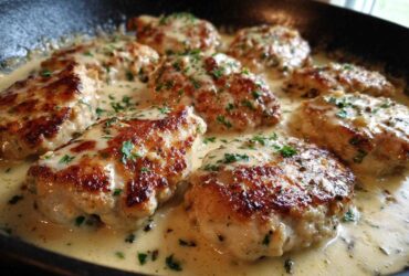 Close-up of seared chicken cutlets simmering in a creamy garlic lemon sauce, garnished with parsley.