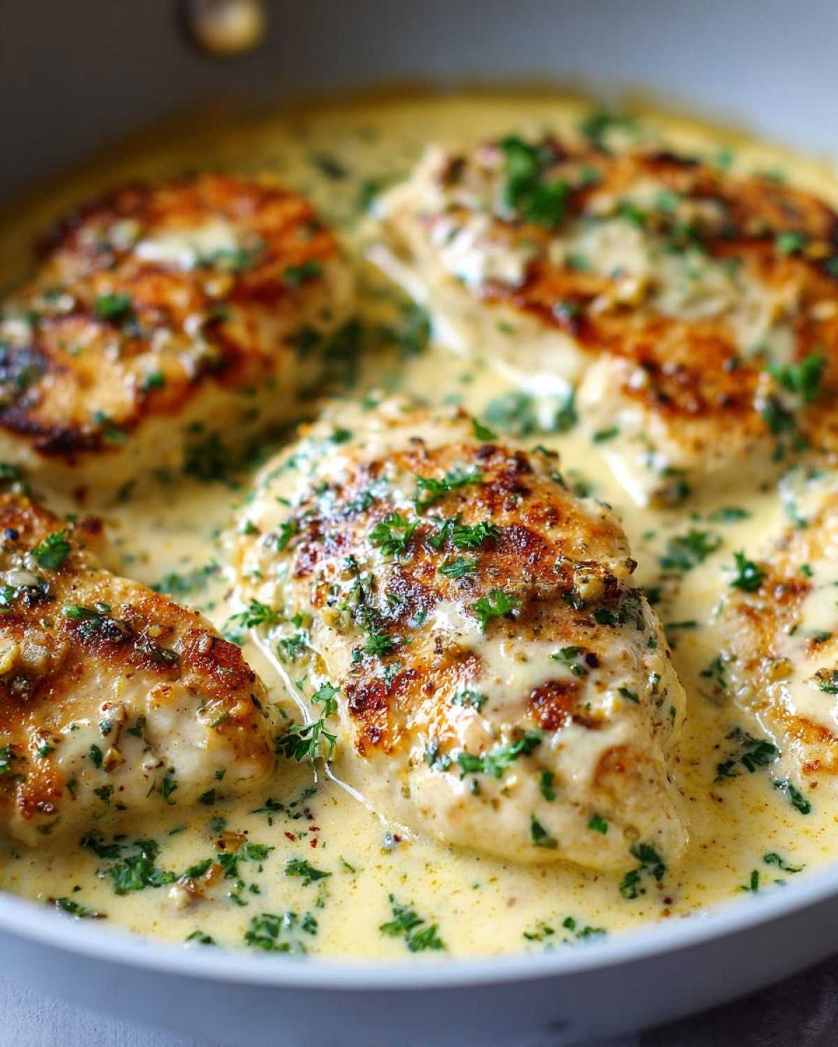Close-up of seared chicken cutlets simmering in a rich, creamy garlic lemon sauce, garnished with fresh parsley.