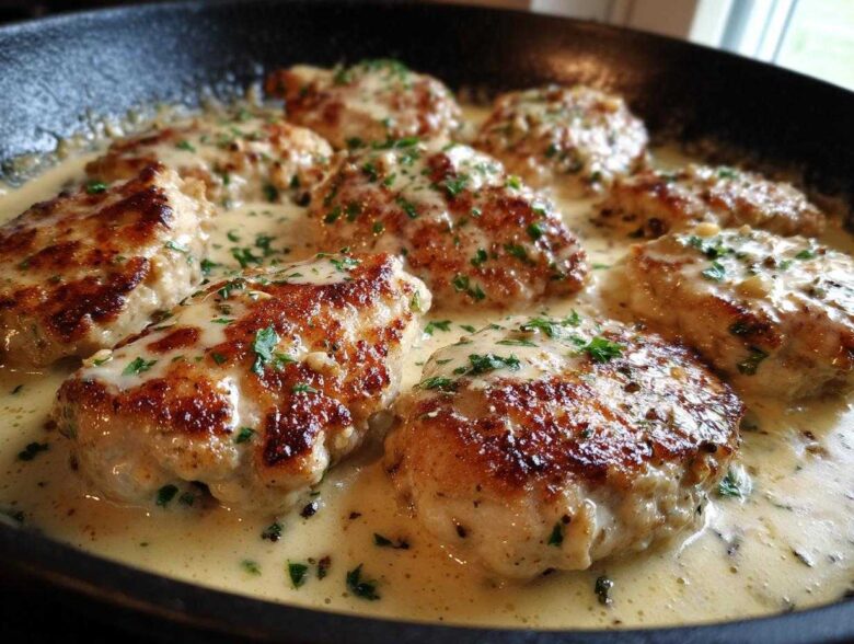 Close-up of seared chicken cutlets simmering in a creamy garlic lemon sauce, garnished with parsley.