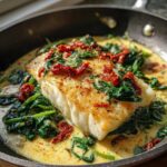 Close-up of Easy One-Pan Creamy Garlic Tuscan Cod topped with spinach and sun-dried tomatoes.