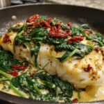 Close-up of Easy One-Pan Creamy Garlic Tuscan Cod topped with spinach and sun-dried tomatoes.