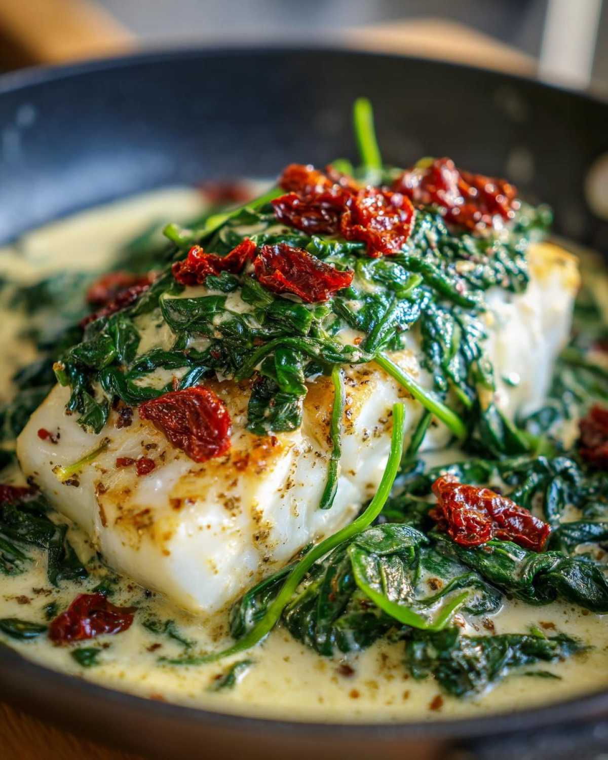 Close-up of a perfectly cooked fillet of Easy One-Pan Creamy Garlic Tuscan Cod topped with spinach and sun-dried tomatoes.