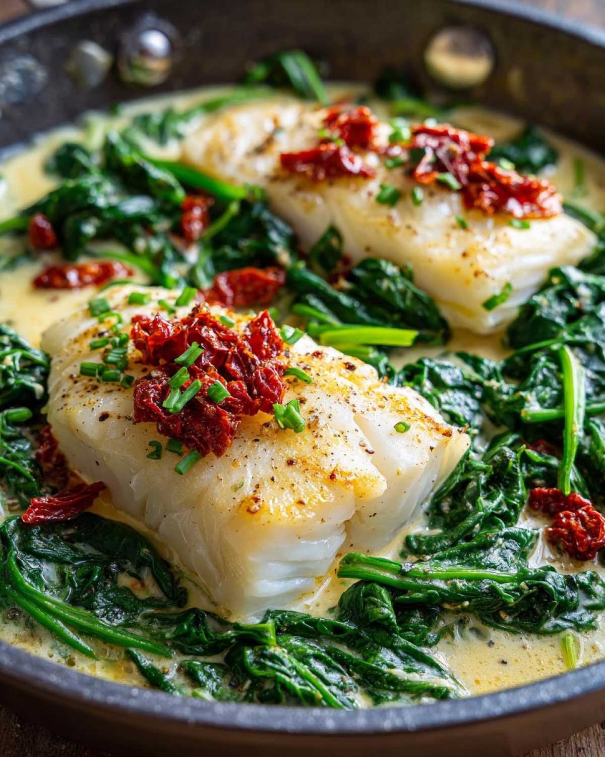 Two fillets of perfectly cooked Easy One-Pan Creamy Garlic Tuscan Cod served over wilted spinach in a creamy sauce.