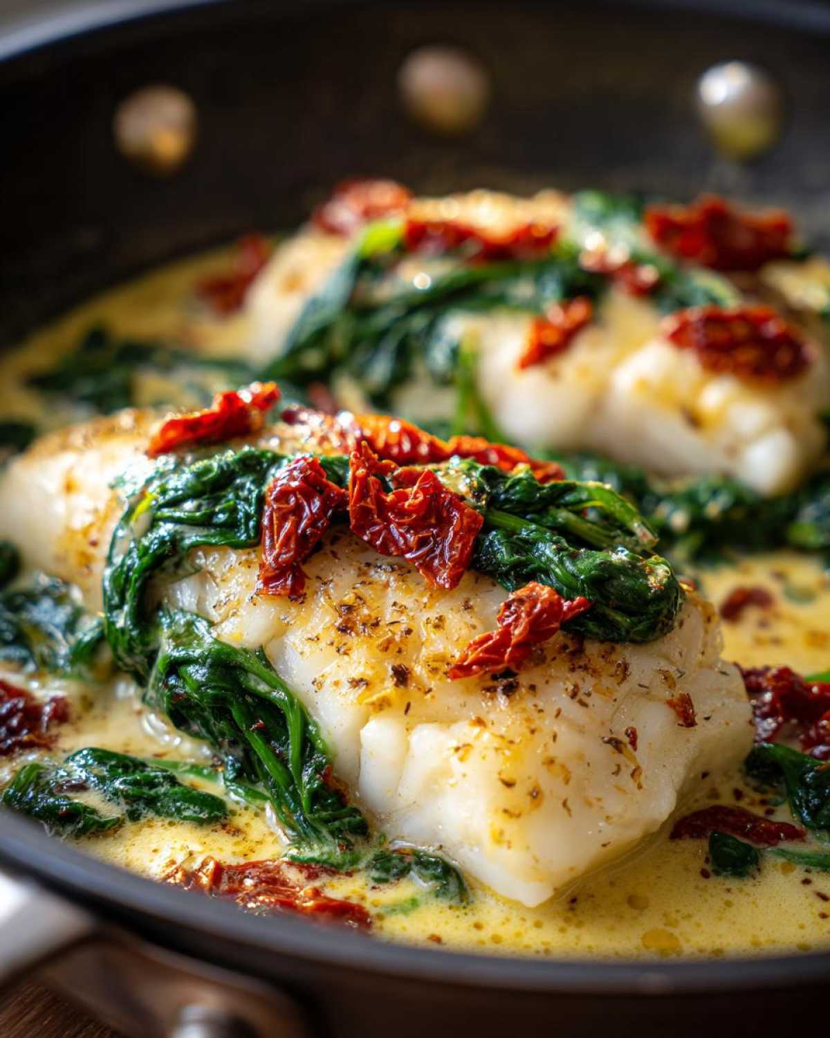 Close-up of Easy One-Pan Creamy Garlic Tuscan Cod topped with spinach and sun-dried tomatoes in a rich sauce.