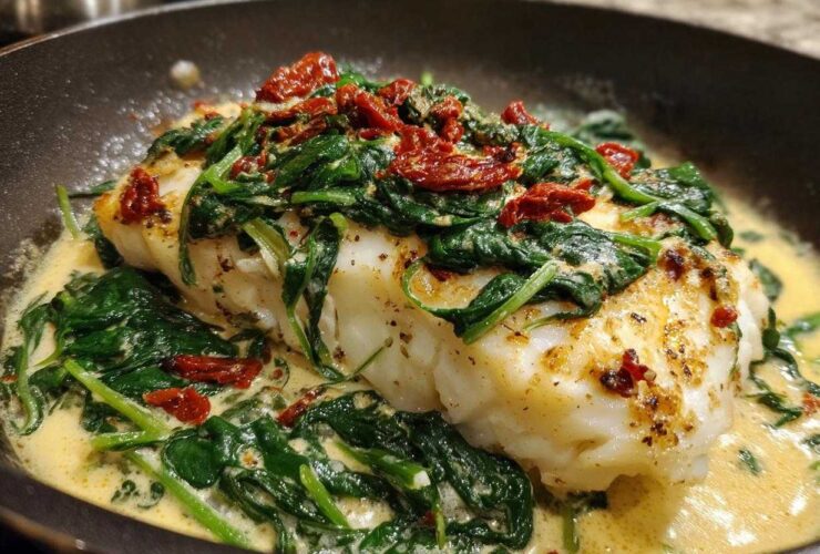 Close-up of Easy One-Pan Creamy Garlic Tuscan Cod topped with spinach and sun-dried tomatoes.