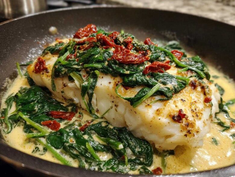 Close-up of Easy One-Pan Creamy Garlic Tuscan Cod topped with spinach and sun-dried tomatoes.
