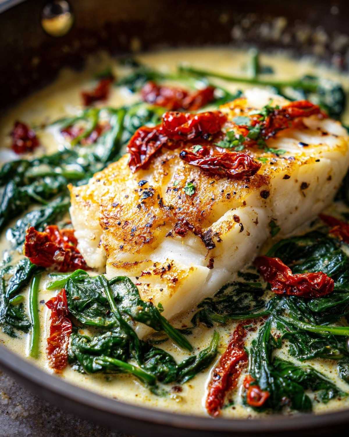 A perfectly seared fillet of cod resting in a creamy garlic sauce with wilted spinach and sun-dried tomatoes: Easy One-Pan Creamy Garlic Tuscan Cod.