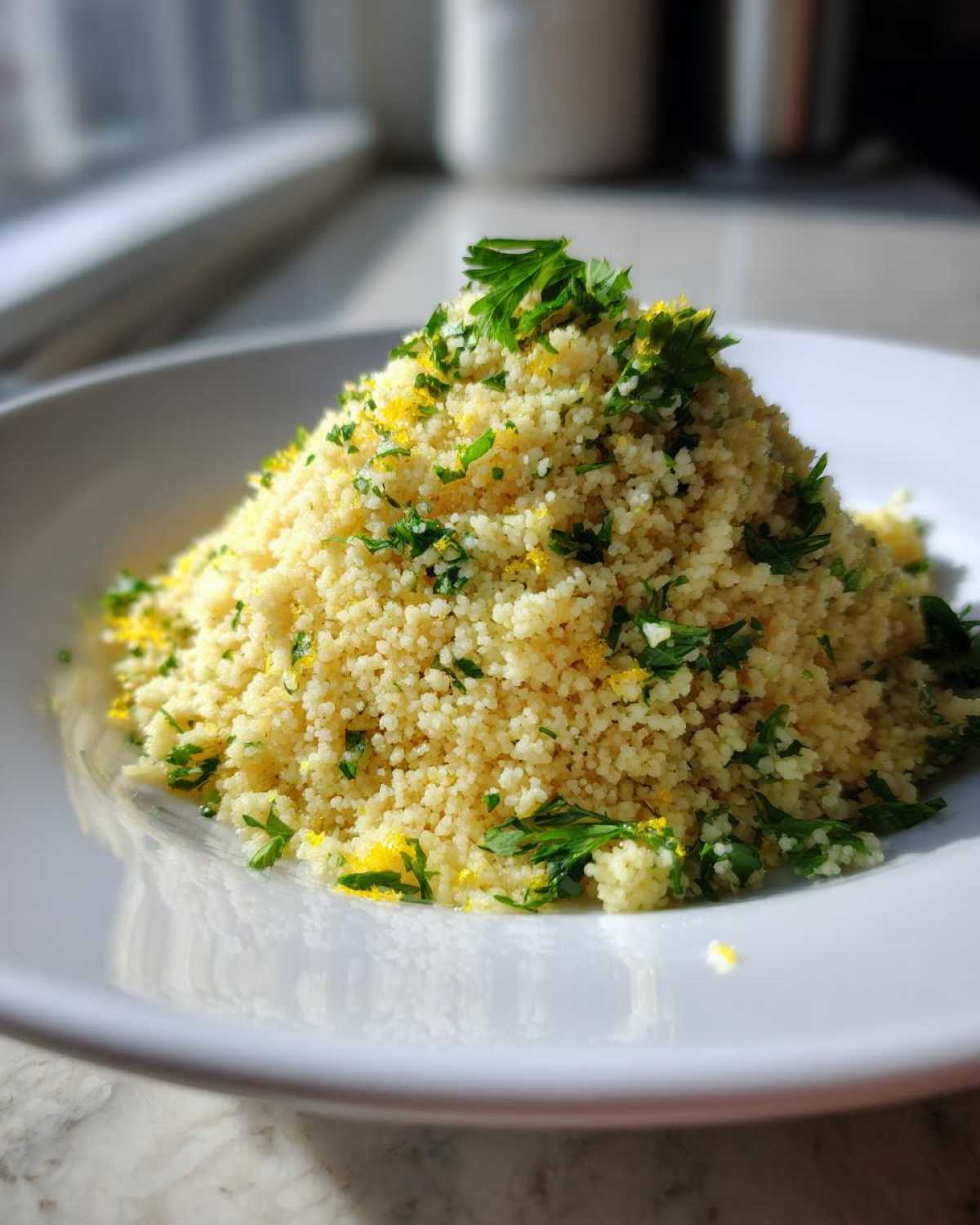 A mound of fluffy Easy One-Pot Creamy Lemon Herb Couscous topped with fresh parsley and lemon zest.