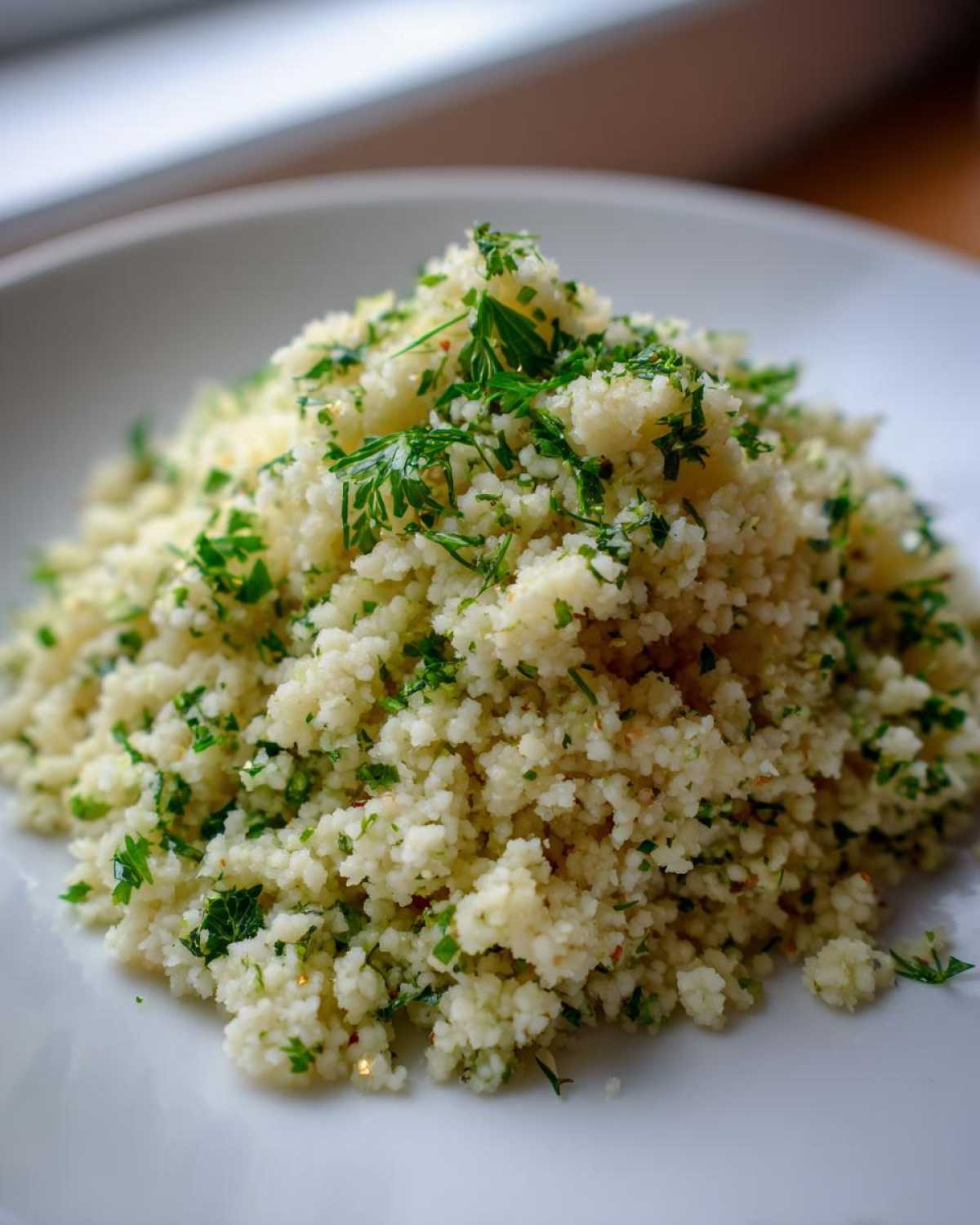 A mound of fluffy Easy One-Pot Creamy Lemon Herb Couscous topped with fresh chopped parsley.