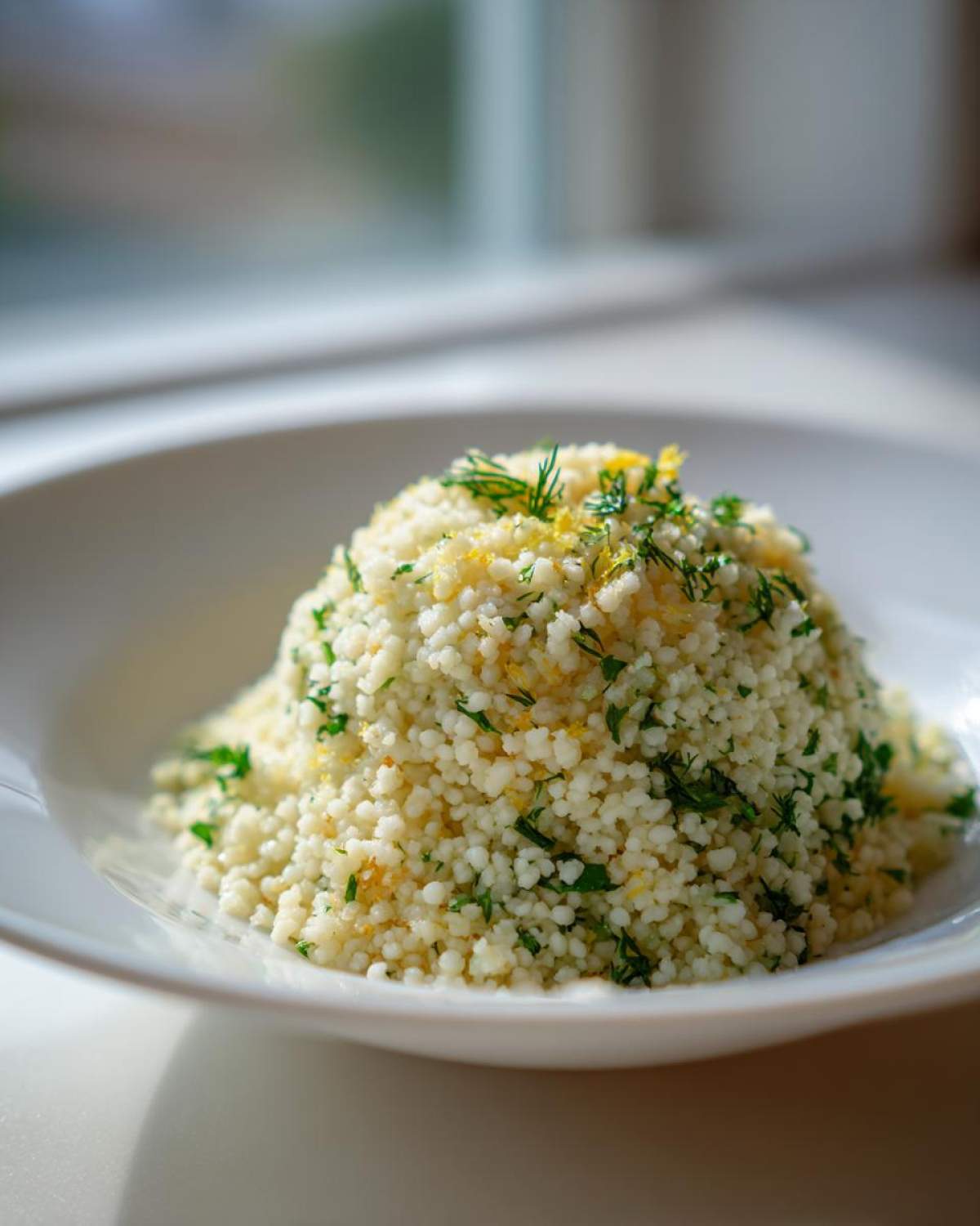 A mound of fluffy Easy One-Pot Creamy Lemon Herb Couscous topped with fresh dill and lemon zest.