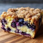 Close-up of a moist slice of Easy Sheet Pan Blueberry Streusel Pancake with juicy blueberries and crumb topping.