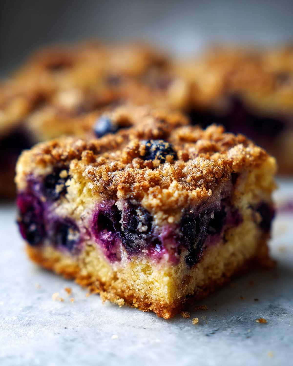 A close-up, macro shot of a square slice of Easy Sheet Pan Blueberry Streusel Pancake showing moist cake, burst blueberries, and crumbly streusel topping.