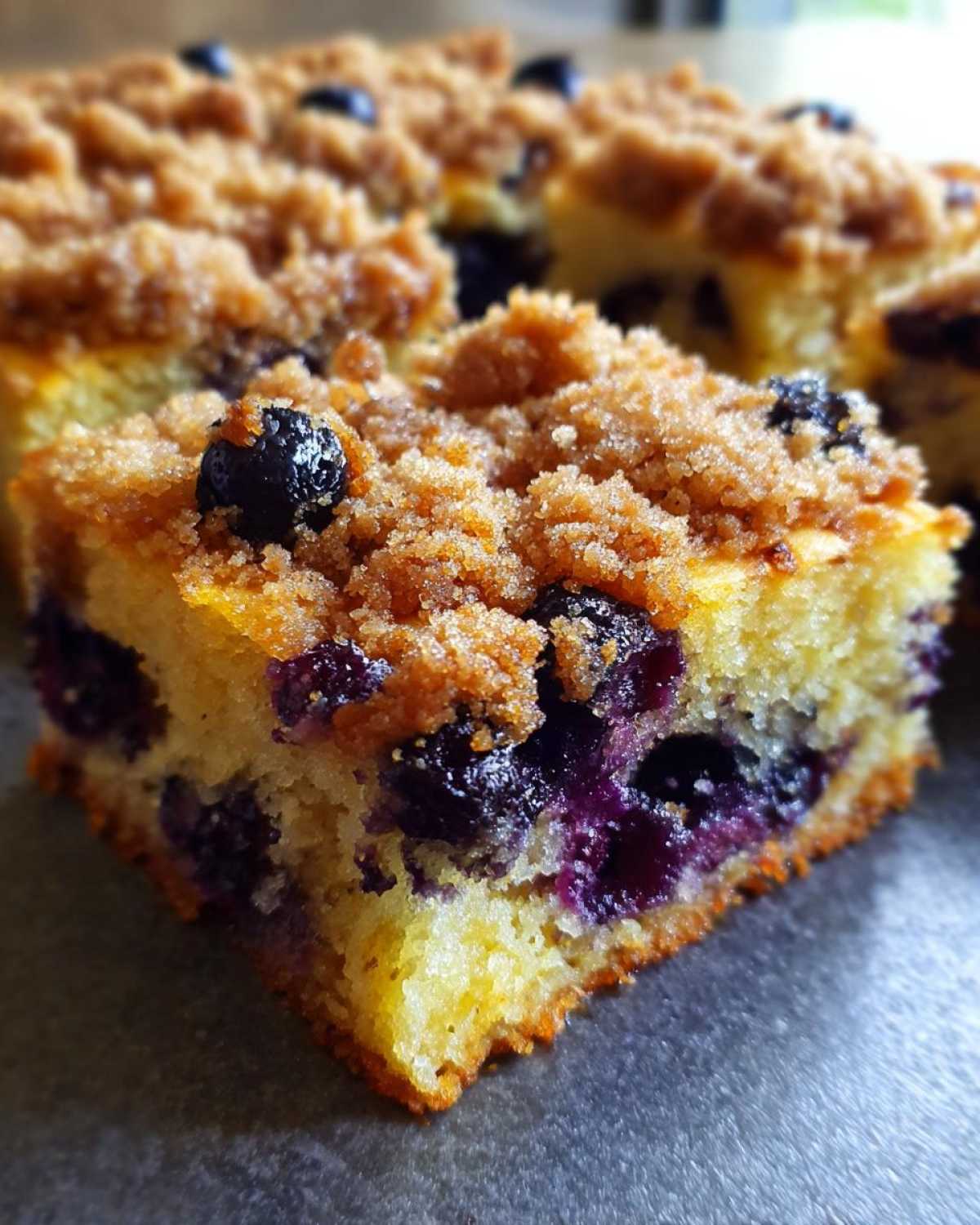 A close-up, square slice of Easy Sheet Pan Blueberry Streusel Pancake featuring a thick layer of brown sugar streusel and juicy blueberries.