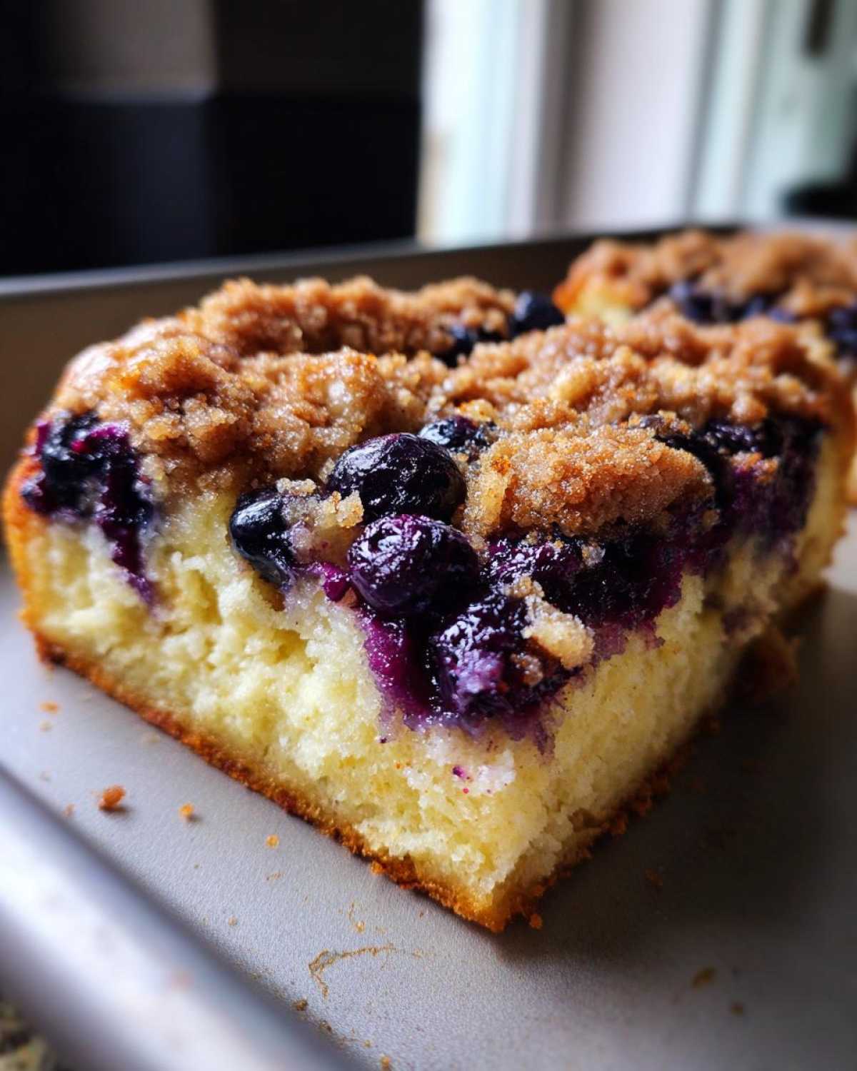Close-up of a square slice of Easy Sheet Pan Blueberry Streusel Pancake with thick streusel topping.