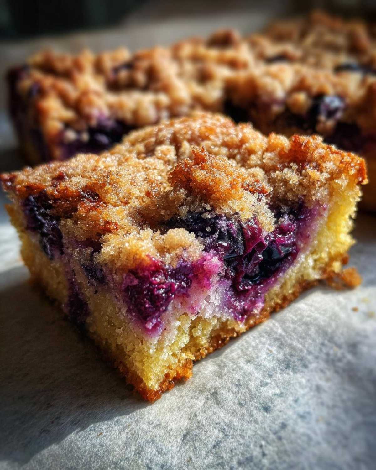 Close-up of a square slice of Easy Sheet Pan Blueberry Streusel Pancake showing moist cake, bursting blueberries, and crunchy streusel topping.
