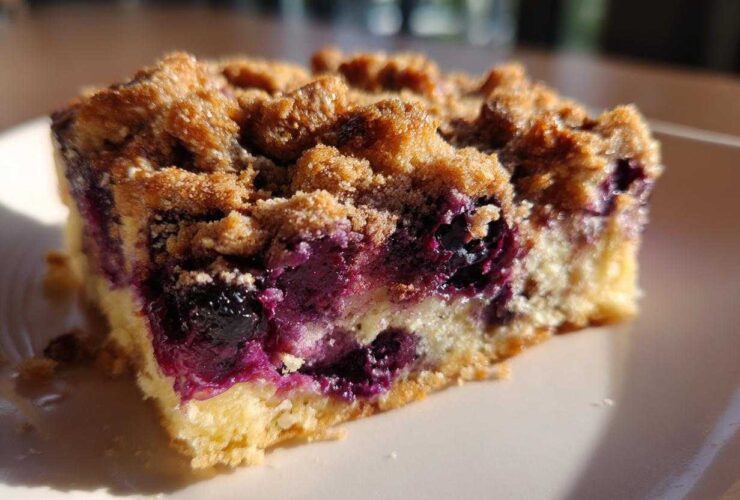 Close-up of a square slice of Easy Sheet Pan Blueberry Streusel Pancake showing moist cake, burst blueberries, and crunchy streusel topping.