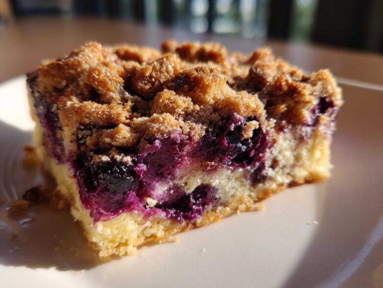 Close-up of a square slice of Easy Sheet Pan Blueberry Streusel Pancake showing moist cake, burst blueberries, and crunchy streusel topping.