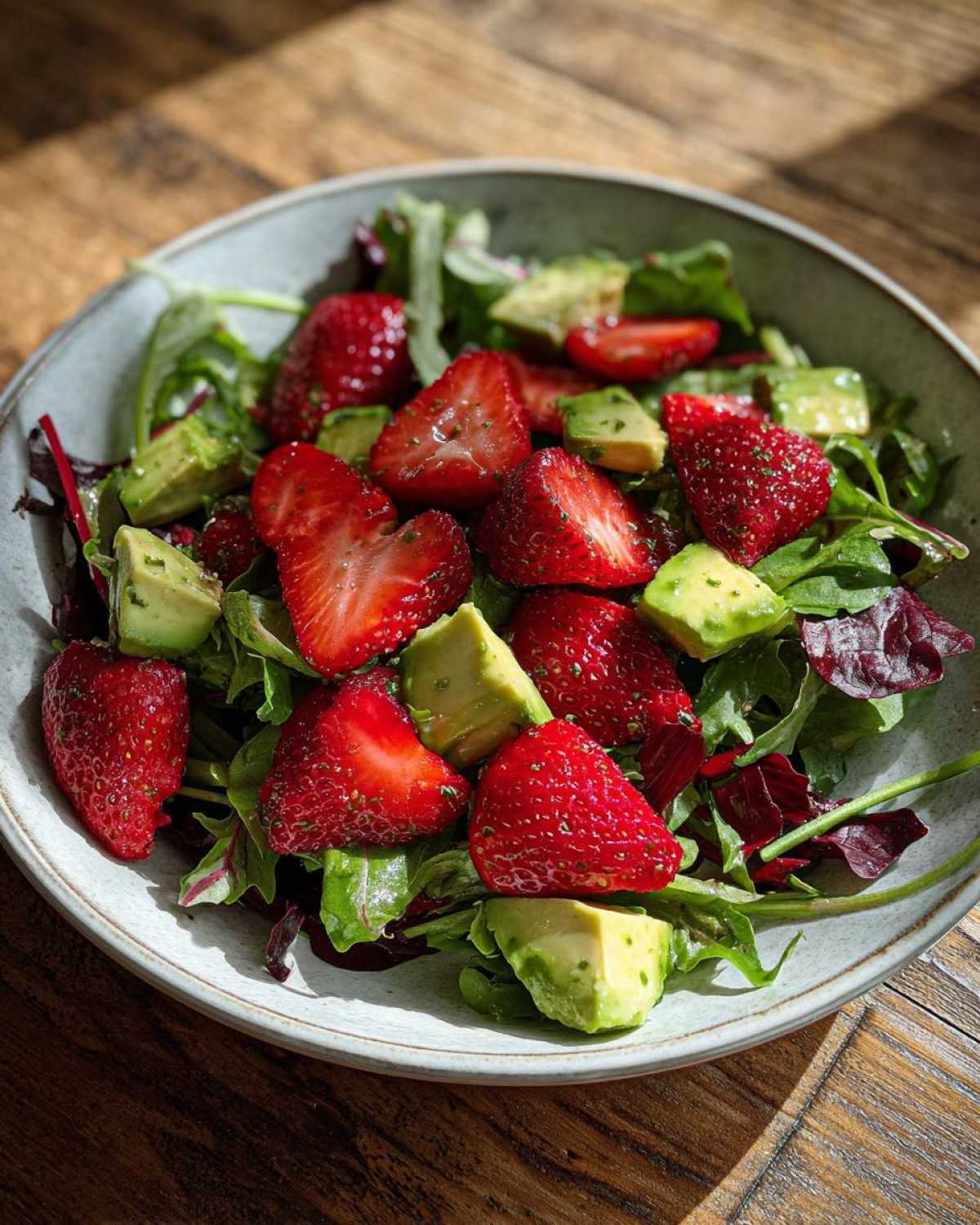 A vibrant bowl of Easy Strawberry Avocado Salad featuring sliced strawberries, avocado chunks, and mixed greens.