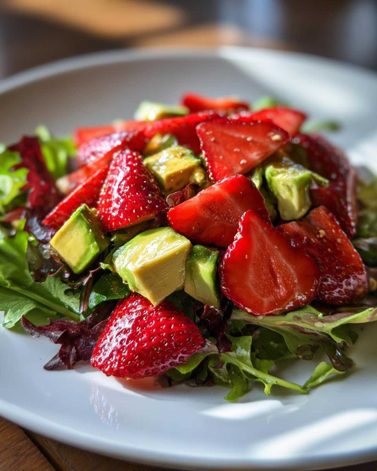 Close-up of a vibrant Easy Strawberry Avocado Salad featuring sliced strawberries and diced avocado over mixed greens on a white plate.