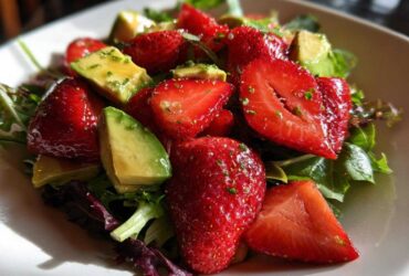 Close-up of a vibrant Easy Strawberry Avocado Salad featuring sliced strawberries, avocado chunks, and mixed greens lightly coated in vinaigrette.