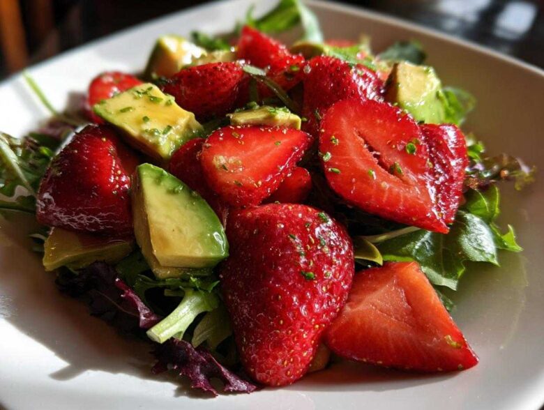 Close-up of a vibrant Easy Strawberry Avocado Salad featuring sliced strawberries, avocado chunks, and mixed greens lightly coated in vinaigrette.