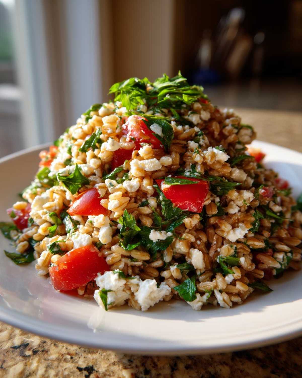 A mound of vibrant farro salad mixed with bright red tomatoes, crumbled white feta cheese, and fresh green parsley.