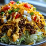 A mouthwatering close-up of a big mac salad featuring shredded lettuce, seasoned ground beef, cheddar cheese, diced tomatoes, onions, and special sauce drizzle.