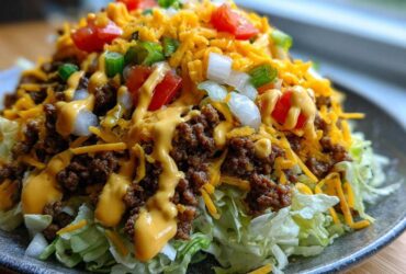A mouthwatering close-up of a big mac salad featuring shredded lettuce, seasoned ground beef, cheddar cheese, diced tomatoes, onions, and special sauce drizzle.