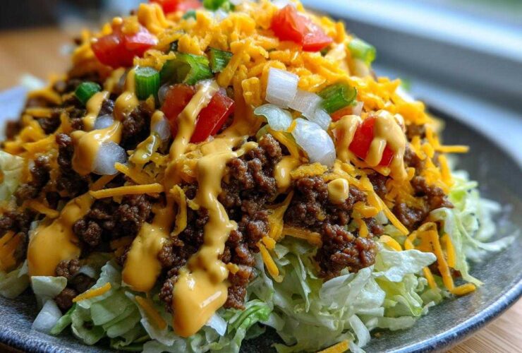 A mouthwatering close-up of a big mac salad featuring shredded lettuce, seasoned ground beef, cheddar cheese, diced tomatoes, onions, and special sauce drizzle.