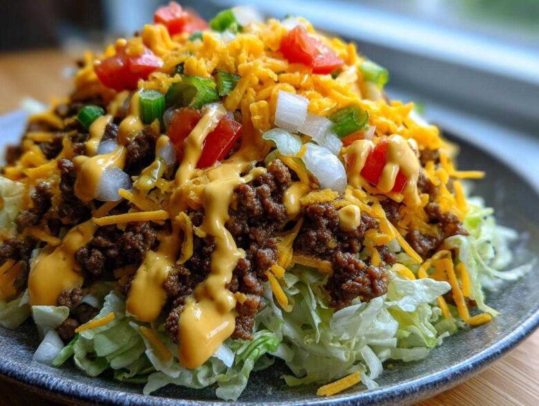 A mouthwatering close-up of a big mac salad featuring shredded lettuce, seasoned ground beef, cheddar cheese, diced tomatoes, onions, and special sauce drizzle.