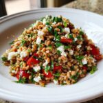 A mound of vibrant farro salad mixed with bright red tomatoes, crumbled white feta cheese, and fresh green parsley.