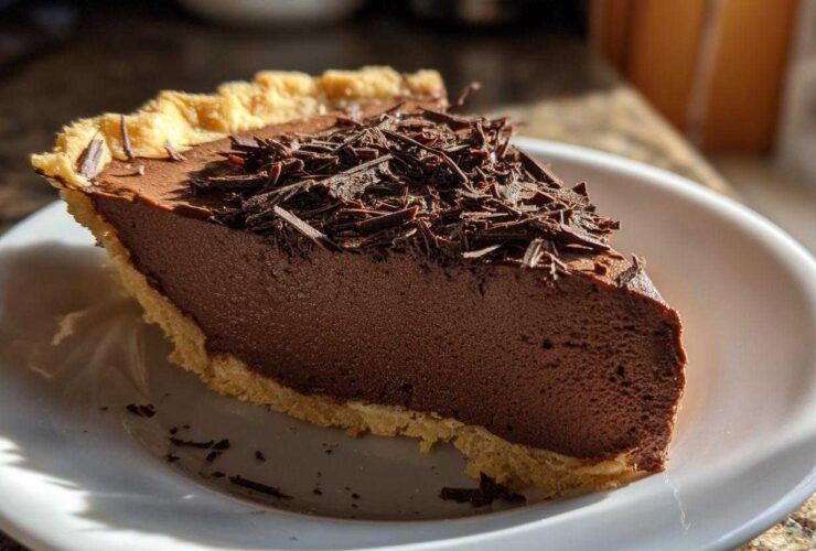 A close-up of a thick slice of french silk pie with a flaky crust, topped with dark chocolate shavings.