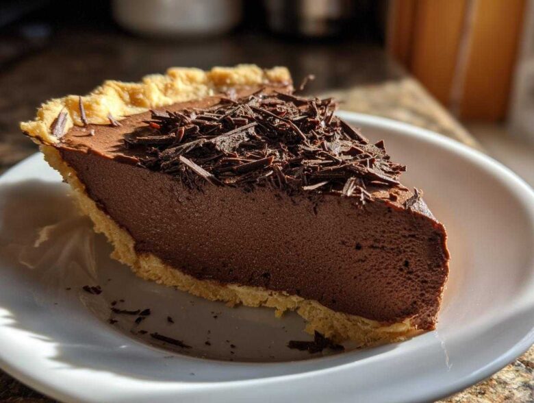 A close-up of a thick slice of french silk pie with a flaky crust, topped with dark chocolate shavings.