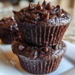 Close-up of two stacked, dark, fudgy chocolate muffins topped generously with melted chocolate chips.