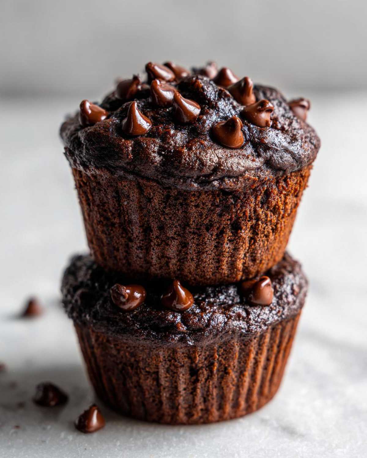 Two stacked, dark, fudgy chocolate muffins generously topped with melted chocolate chips.